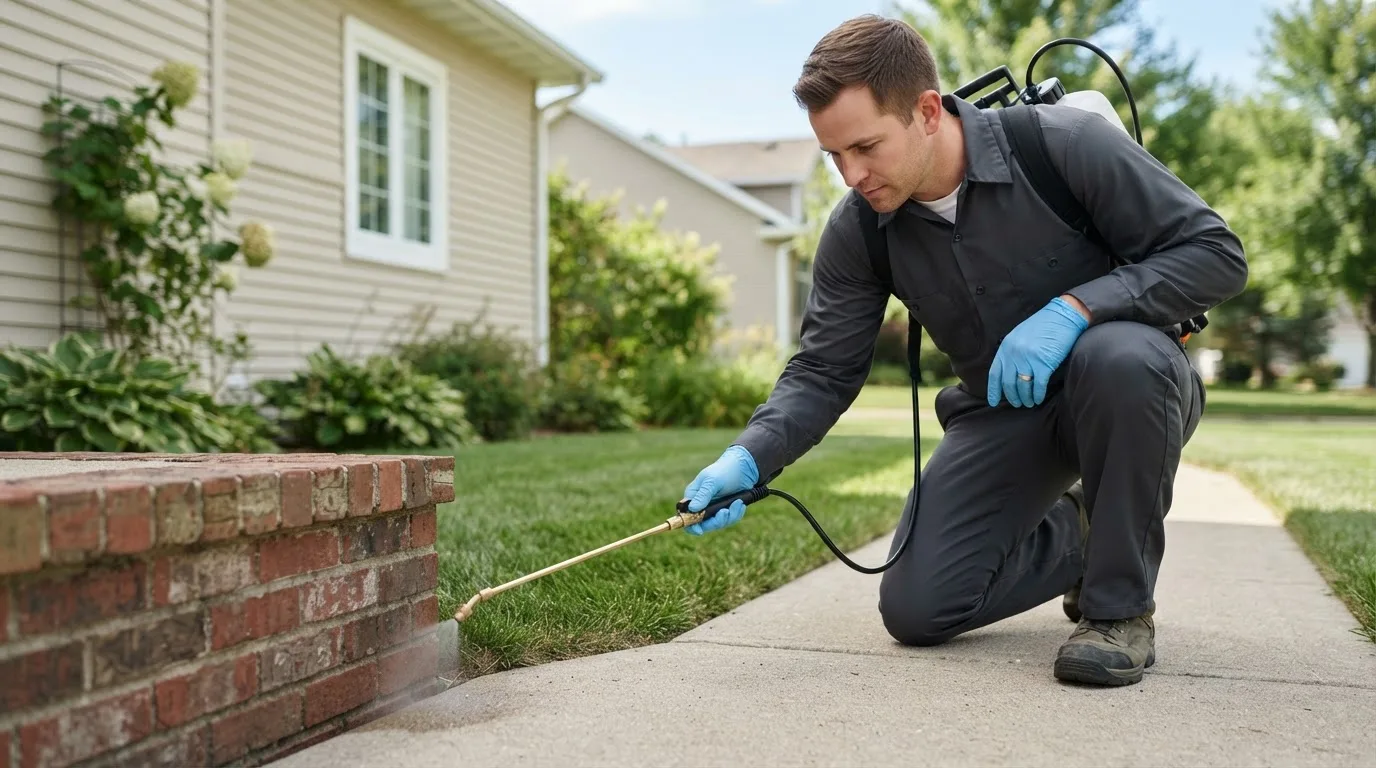 Pest control technician treating a home near Sweetser, IN