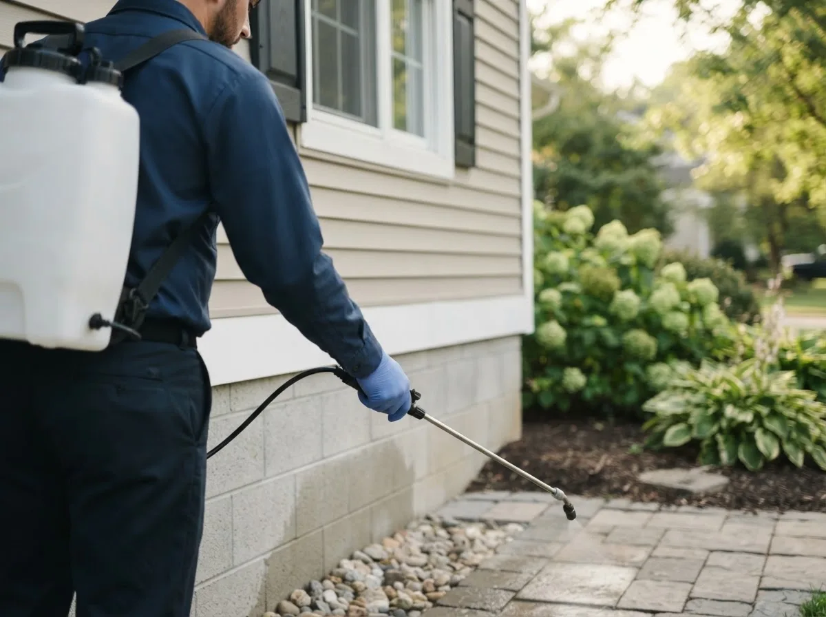 Pest control technician inspecting a home in Sweetser, IN